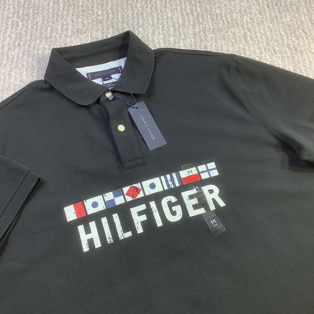 Tommy Hilfiger Mens Black Nautical Flag Graphic‎ Polo Shirt Size M NWT